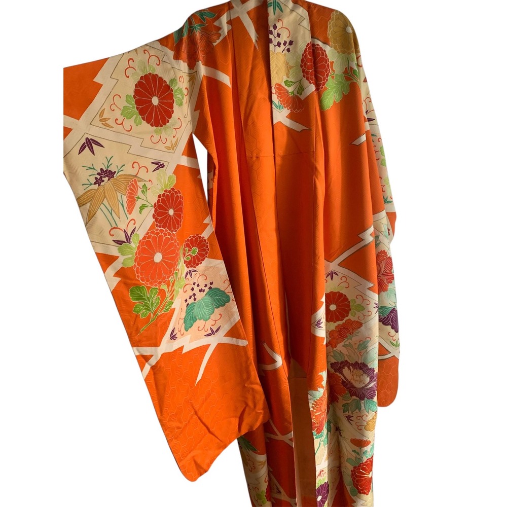 Handmade Silk Kimono Women One Size Orange Good Vintage Furisode Floral Robe 60s
